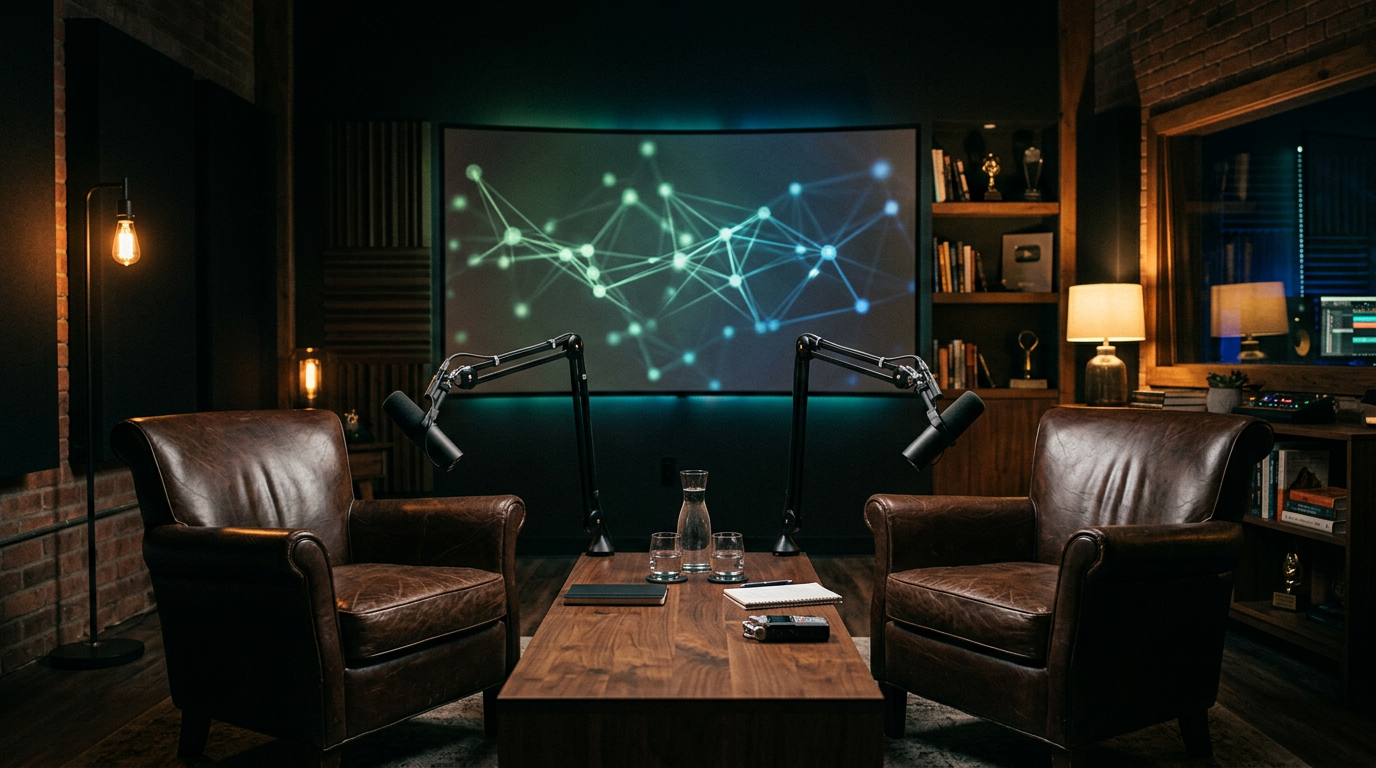 Executive podcast studio with two chairs, broadcast microphones and a screen showing a network diagram